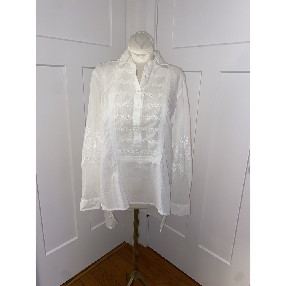 Sundance Floral Embroidered‎ Eyelet Button Up Top White Oversized XS